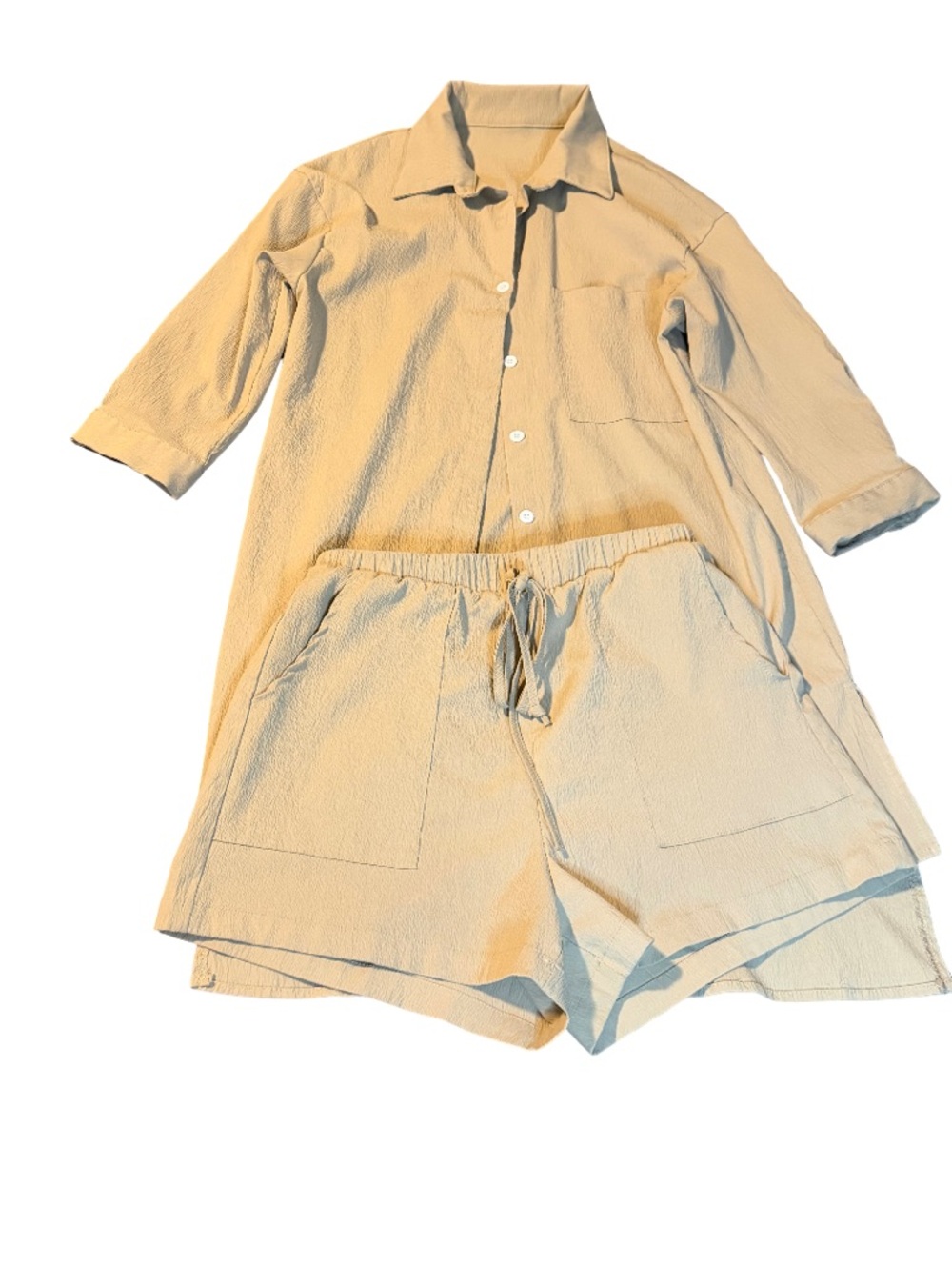 Cream Two-Piece Set with Button-Up Top & Drawstring Shorts Size